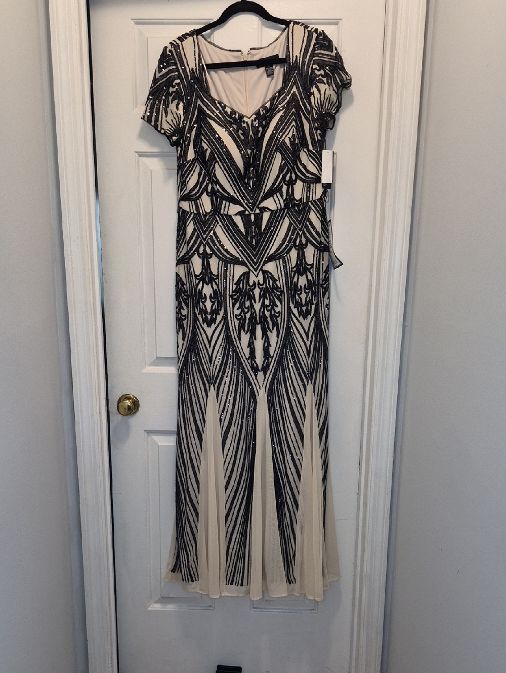D25- Beaded Ivory and Black Evening Gown - Two sizes available (14 and 16)